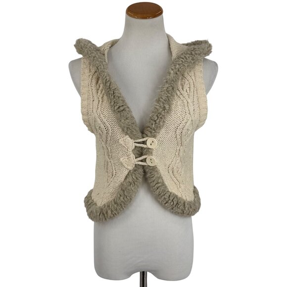 Vtg Y2K Old Navy Cream Cable Knit Faux Shearling Trim Hooded Boho Sweater Vest L - Picture 2 of 16